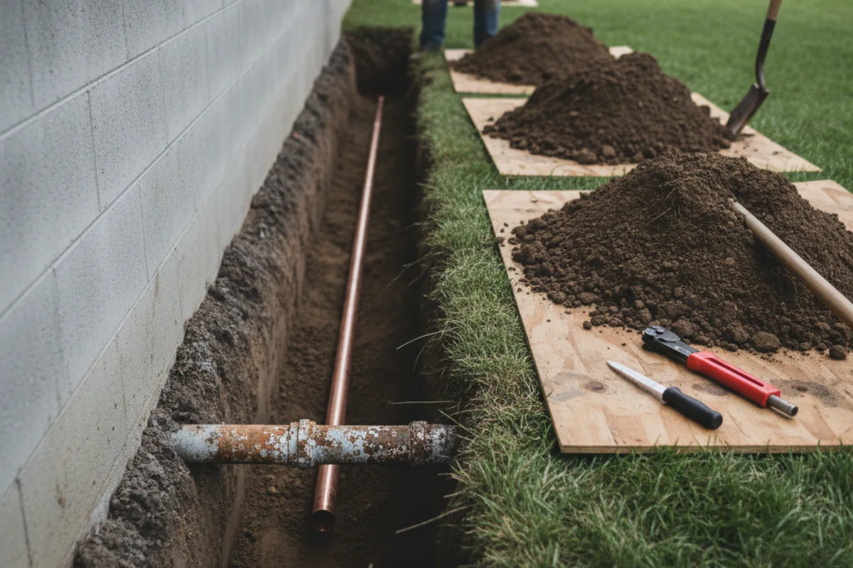 Excavated water line trench during Sewer Line Repair in Jonesboro